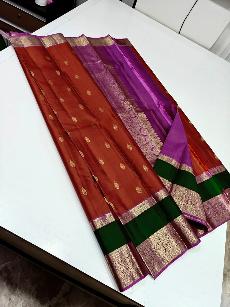 Silk Cotton Temple Border Deep Purple & Wine with Golden Zari